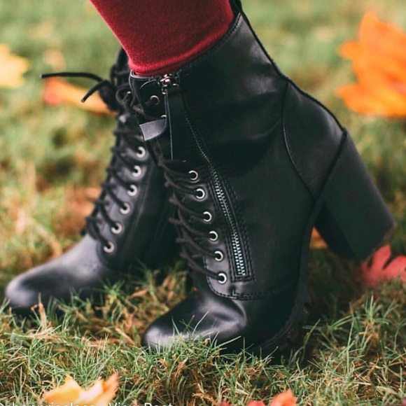 Black Lace Up High Chunky Heel Combat Boots - Picture 3 of 14